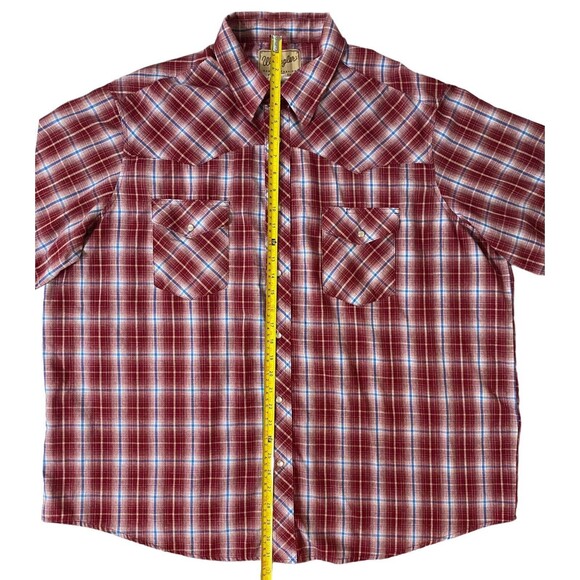 Wrangler Western Red Plaid Pearl Snap Cowboy Shirt Short Sleeve Mens Size 2XL - Picture 3 of 12
